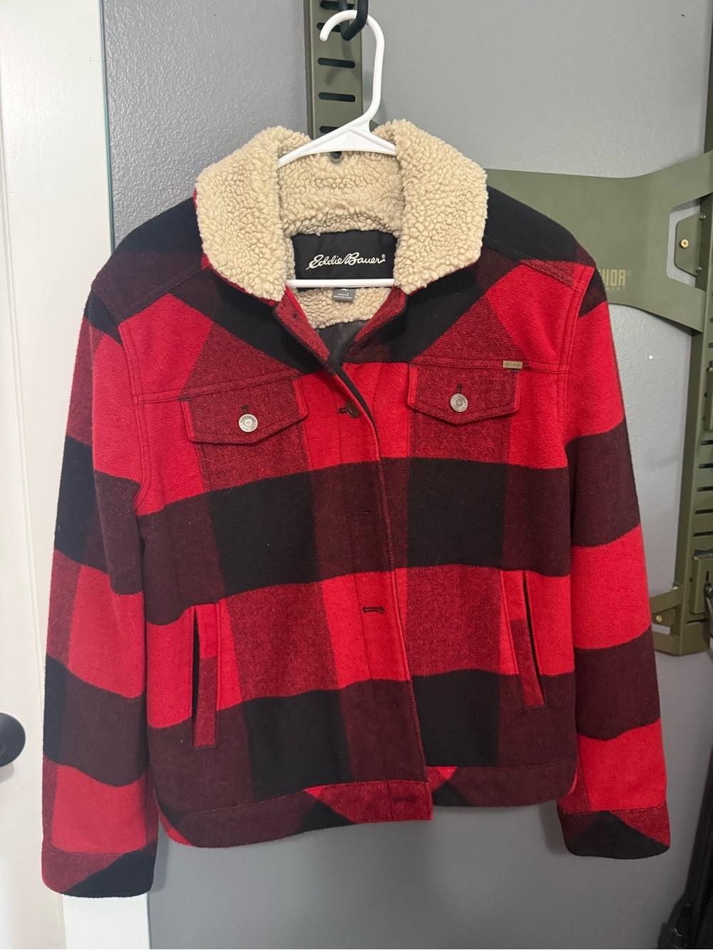 Eddie Bauer Red and Black Buffalo Plaid Sherpa Collar Jacket